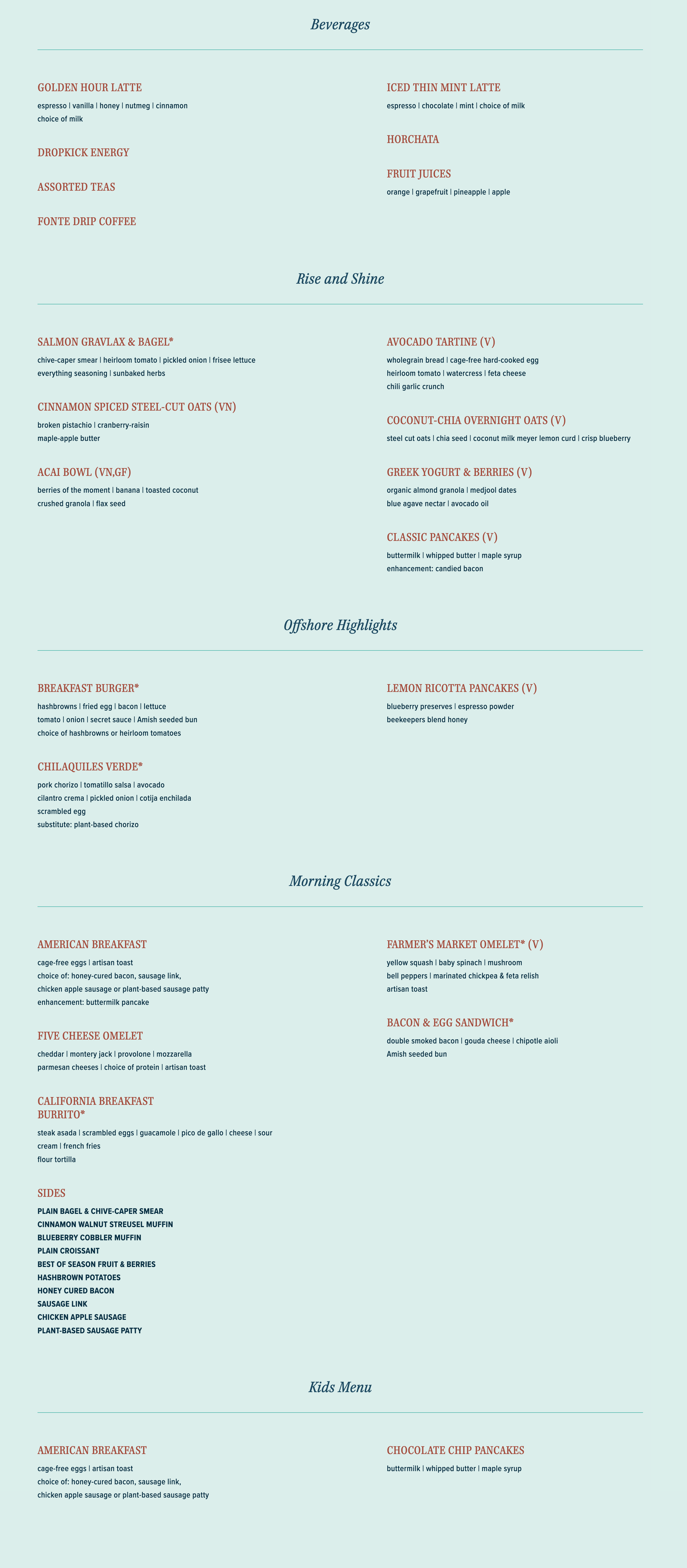 The Shores Restaurant breakfast menu