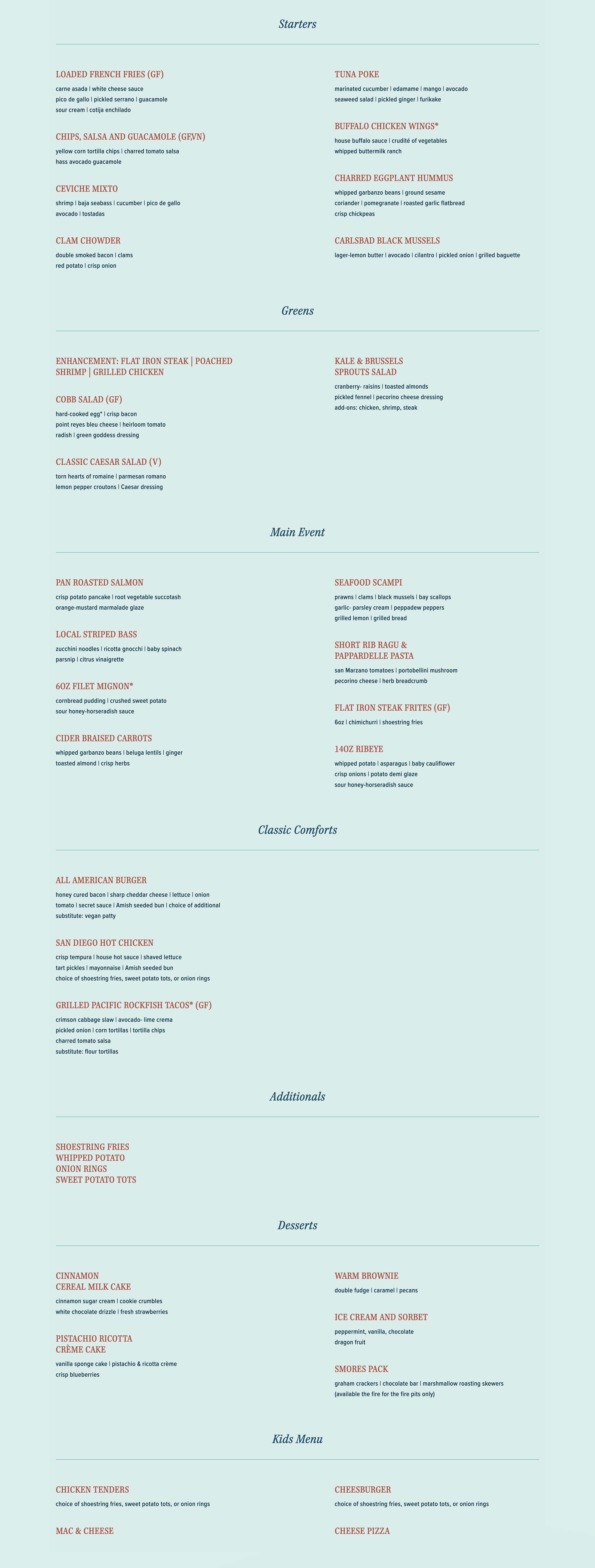 The Shores Restaurant dinner menu